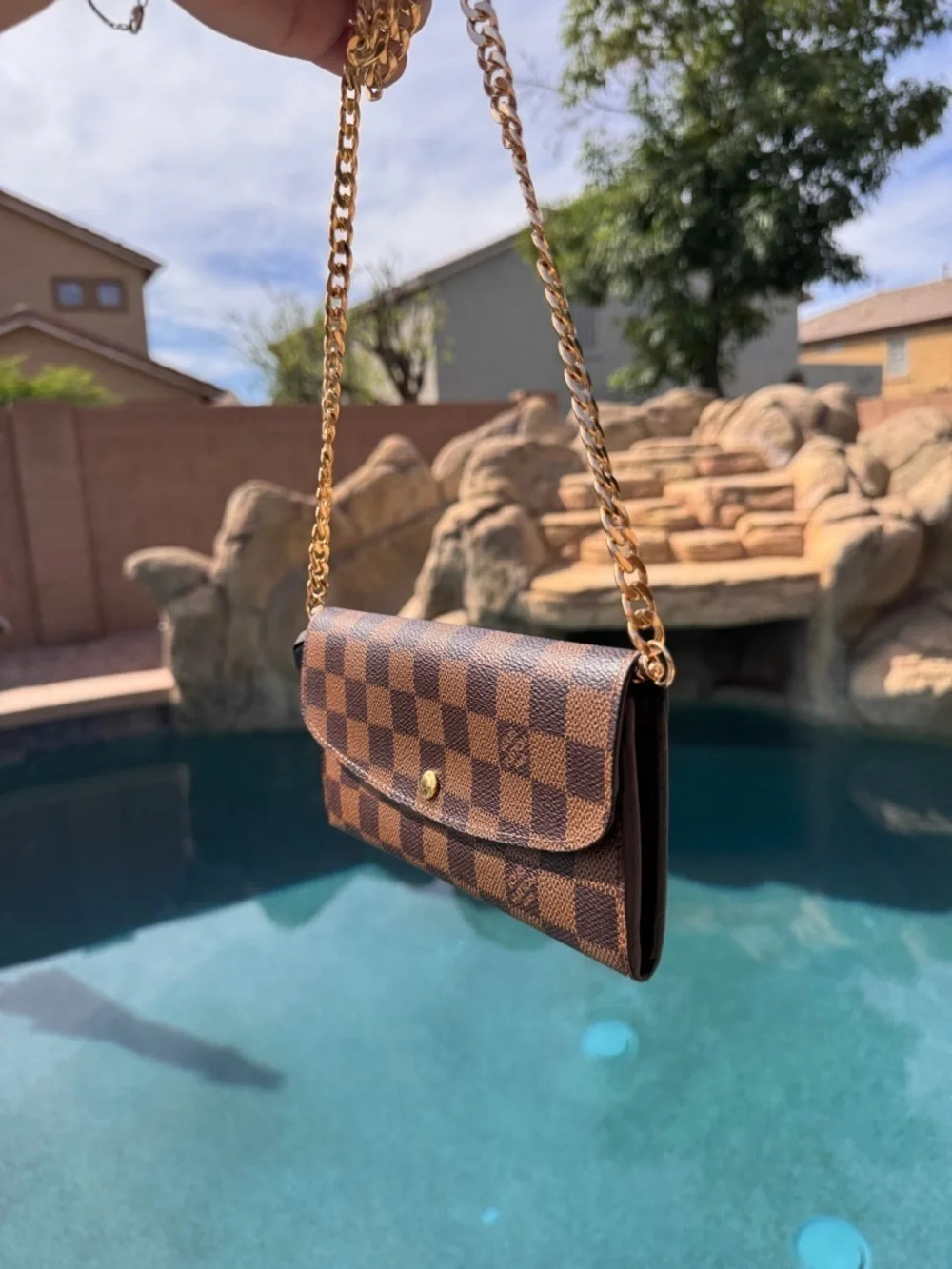 Authentic Louis Vuitton Brown Checkered Crossbody with Gold Chain